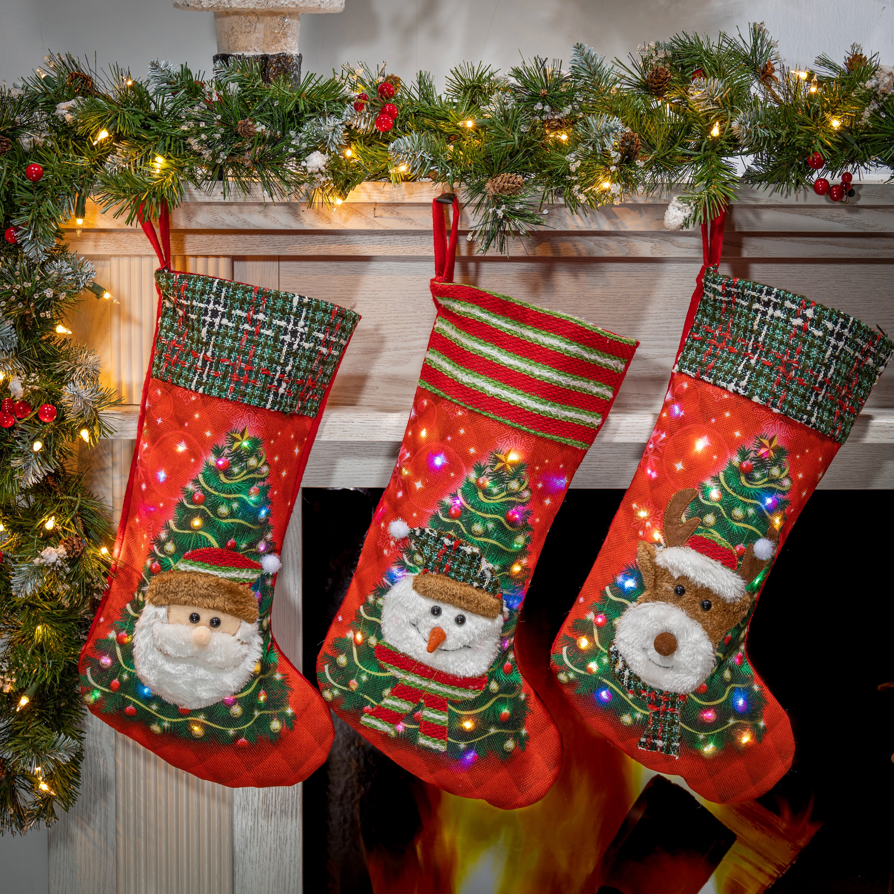 Set of 3 Lighted Christmas Stockings, Traditional Holiday Decor